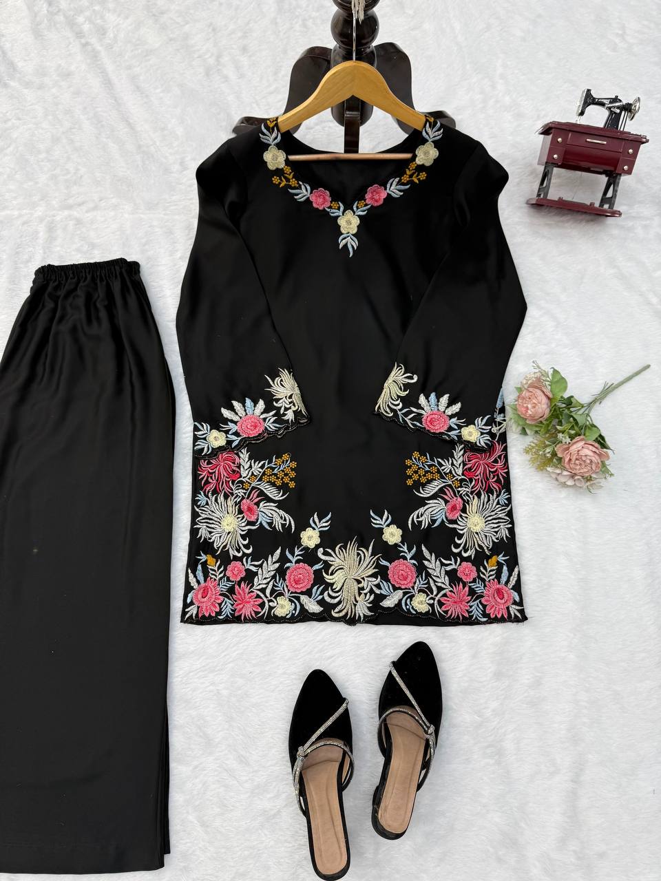 Midnight Black Rayon Satin Embroidered Kurta Set with Palazzos