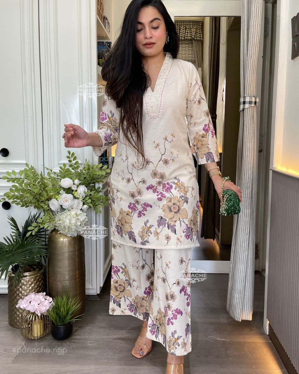 Pure Linen Cotton Floral Printed Kurta Set for Women – Cream Elegance