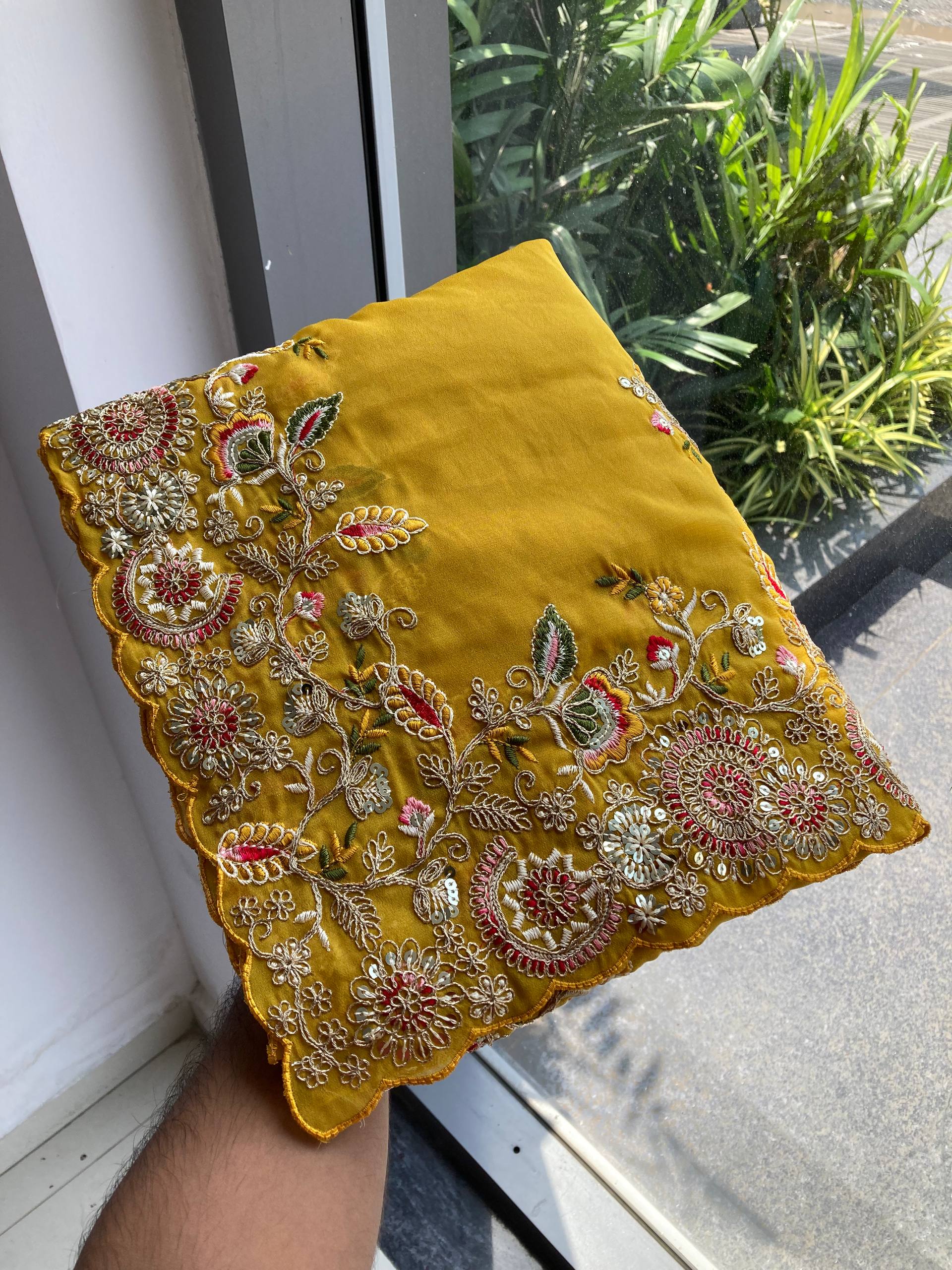 Mustard Yellow Party Wear Soft Star Georgette Saree with Embroidery Cutwork Border