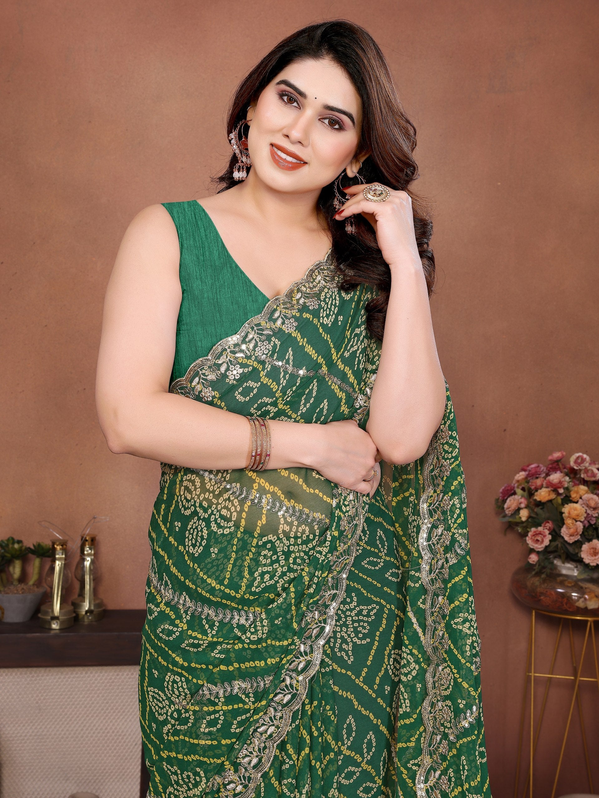 Green Bandhej Printed Georgette Saree with Embroidered Cutwork Border