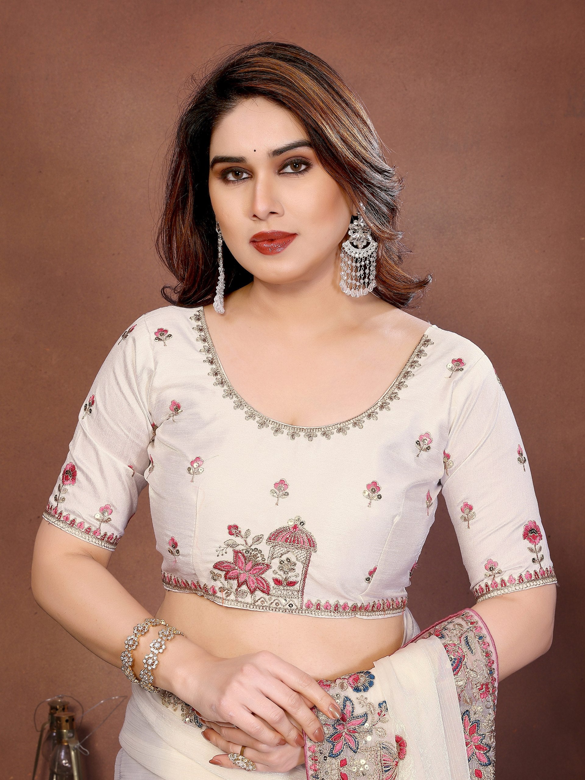 Premium Fendy Chiffon Silk Saree with Embroidery Cutwork Lace Border & Heavy Embroidered Blouse