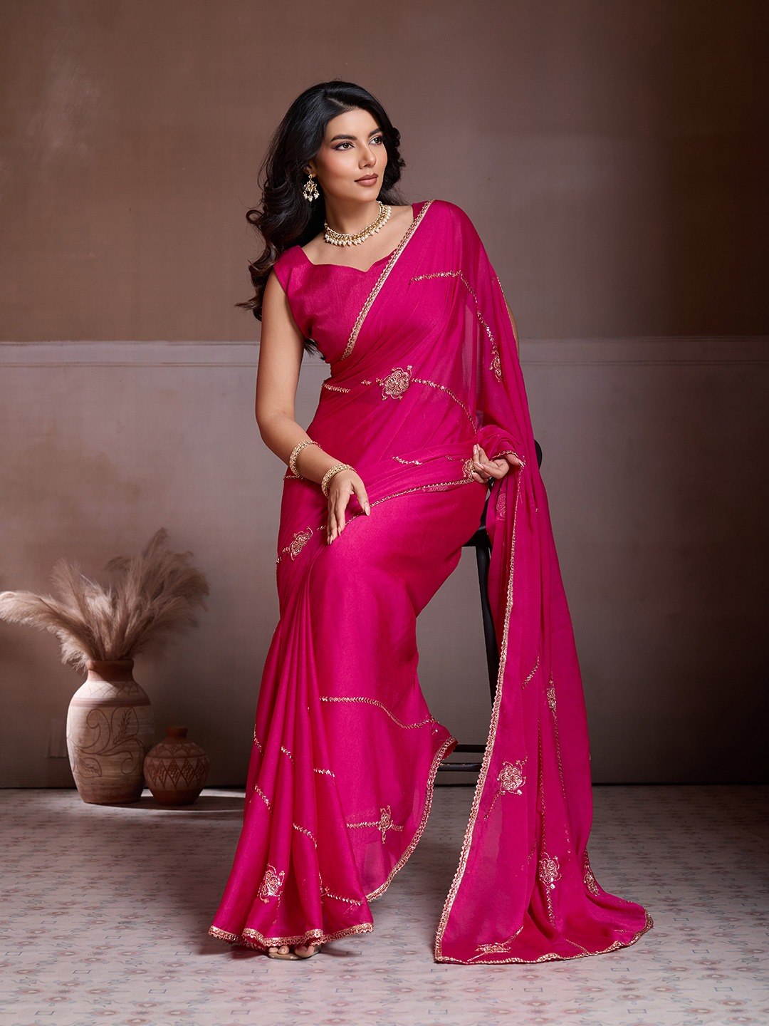 Party Wear Soft Crush Silk Saree With All Over Embroidery Butti Work, Designer Lace Border & Matching Blouse