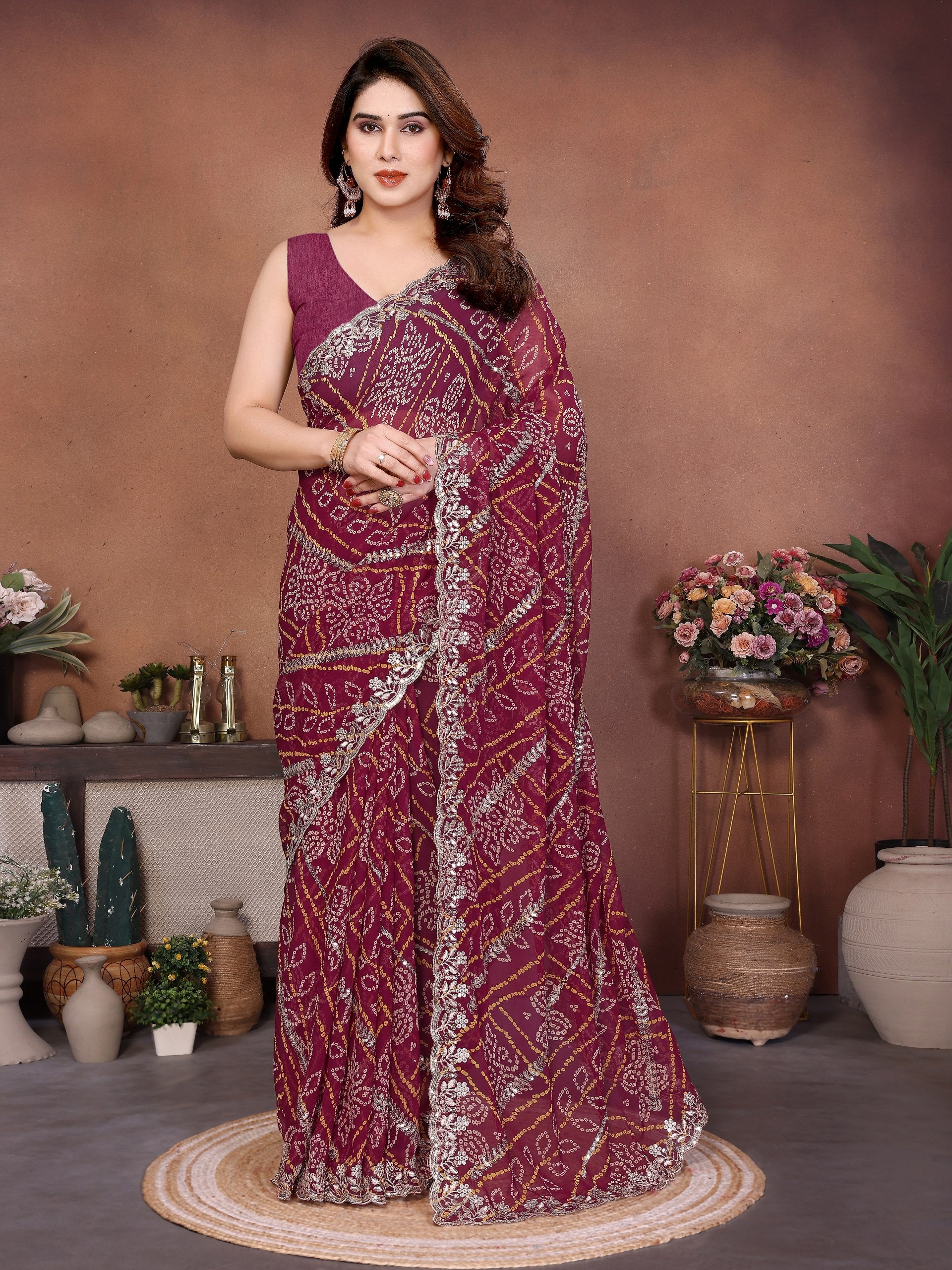 Wine Bandhej Printed Georgette Saree with Embroidered Cutwork Border