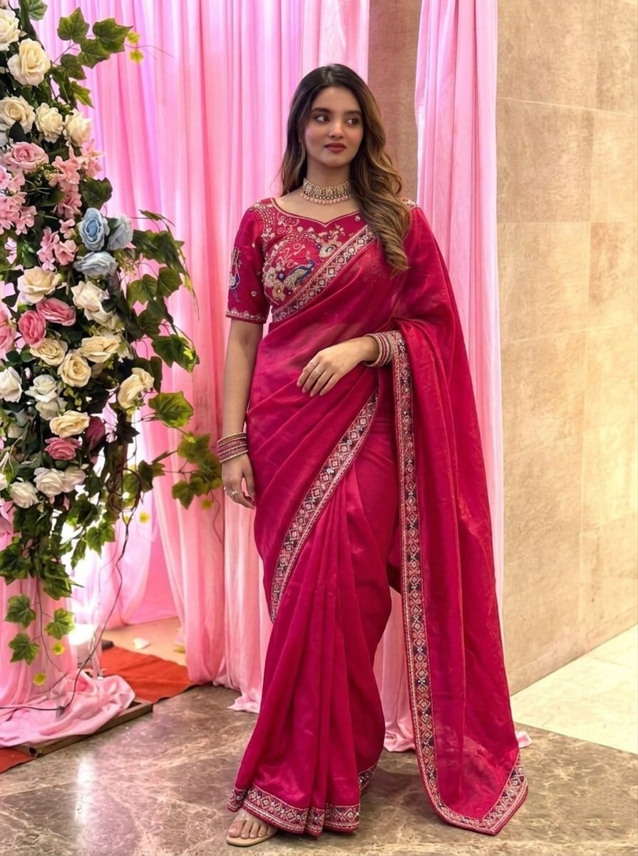 Designer Fendy Satin Silk Saree with 3 Beads, Sequence & Cutdana Embroidery Lace Border and Stitched Blouse (Copy)