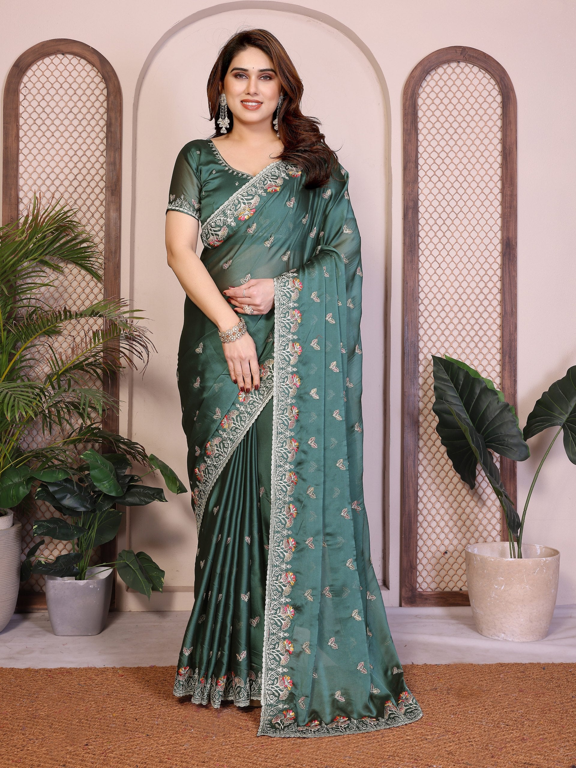 Party Wear Rangoli Silk Saree with Embroidery Lace Border & Running Embroidered Blouse