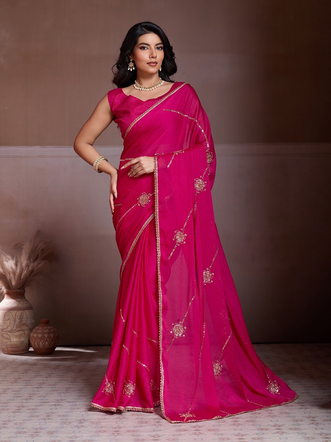Party Wear Soft Crush Silk Saree With All Over Embroidery Butti Work, Designer Lace Border & Matching Blouse