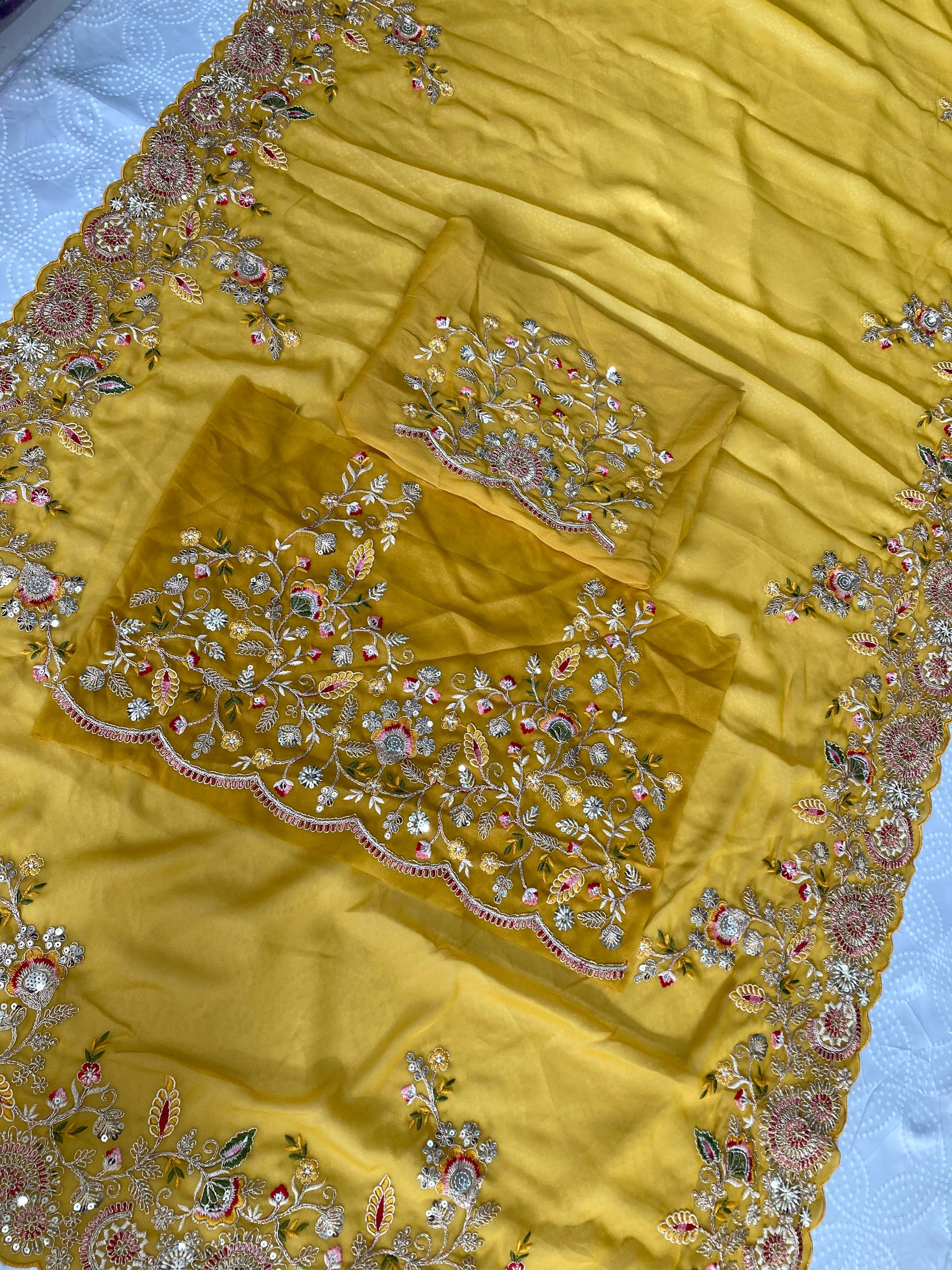Mustard Yellow Party Wear Soft Star Georgette Saree with Embroidery Cutwork Border