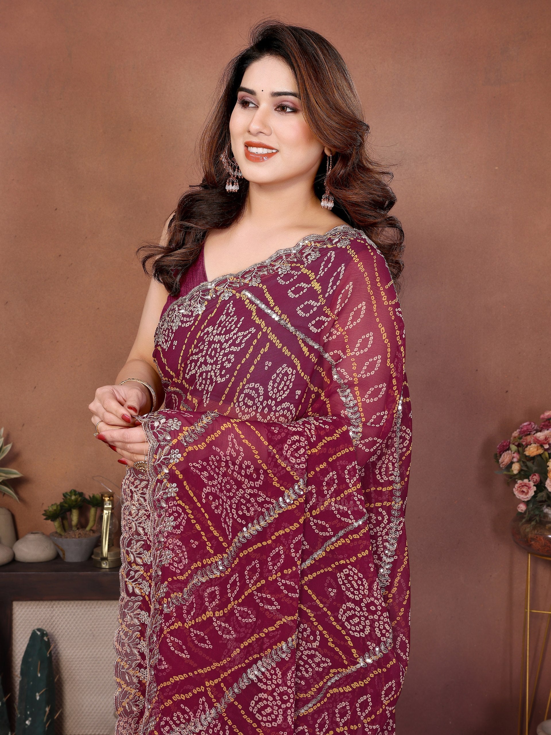 Wine Bandhej Printed Georgette Saree with Embroidered Cutwork Border