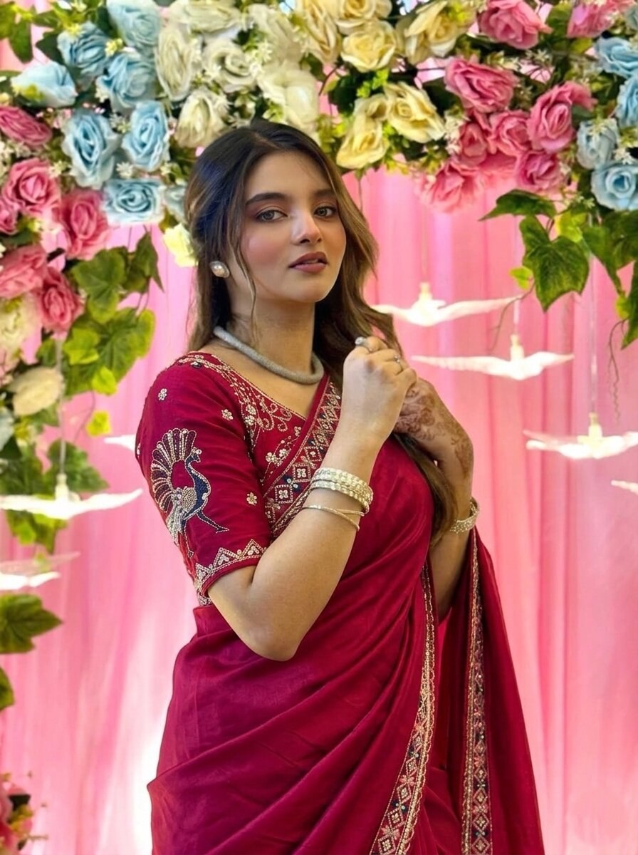 Designer Fendy Satin Silk Saree with 3 Beads, Sequence & Cutdana Embroidery Lace Border and Stitched Blouse (Copy)