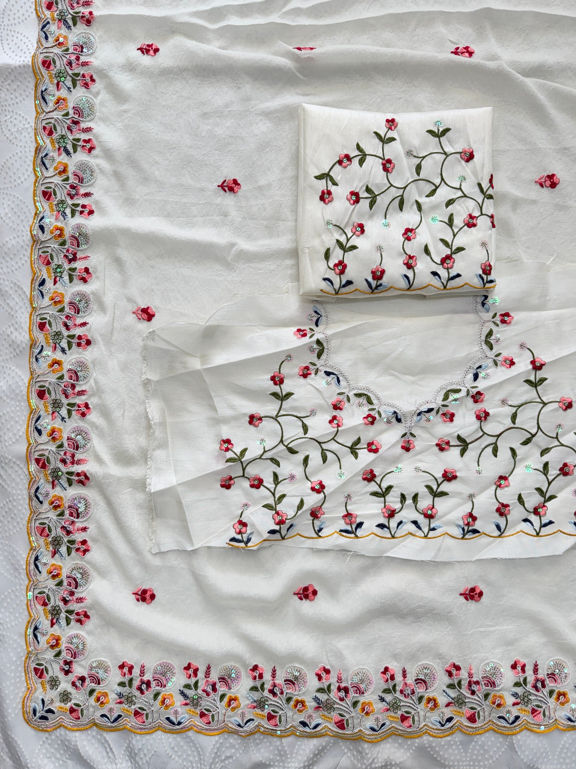 Premium Crush Silk Saree with All Over Embroidery Butta, Cutwork Border & Embroidered Blouse