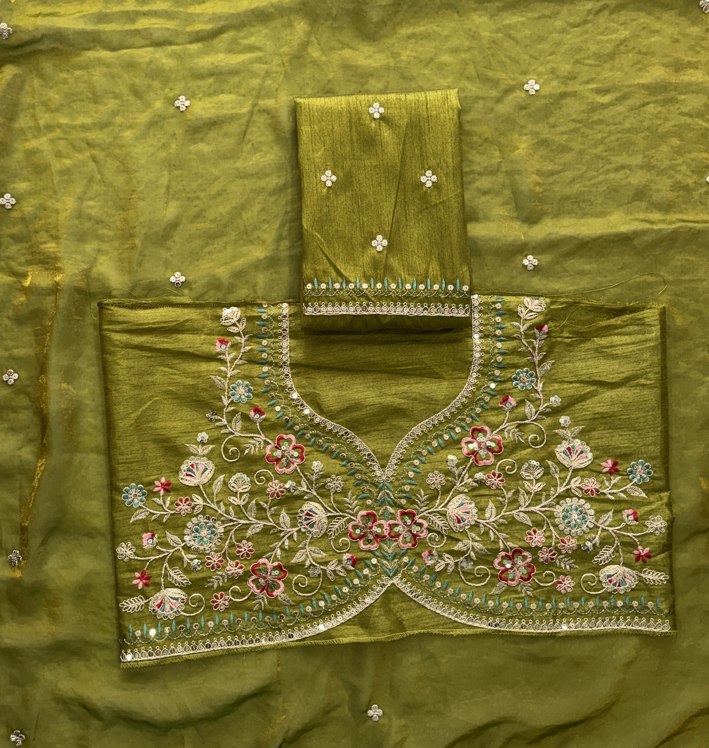 Olive Green Embroidered Fendy Satin Silk Saree with Cutwork Border & Embroidered Blouse