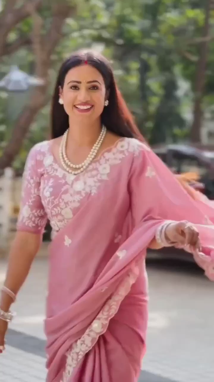 Premium Pink Pure Chinon Silk Saree with C-Pallu Embroidery Work, Cutwork Border & Heavy Embroidery Blouse