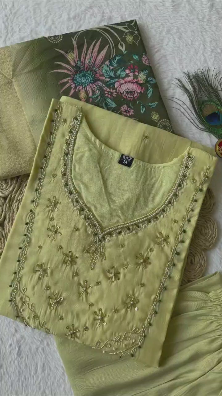 Olive Green Chanderi Silk Kurta Set with Zari Embroidery & Floral Ombre Dupatta