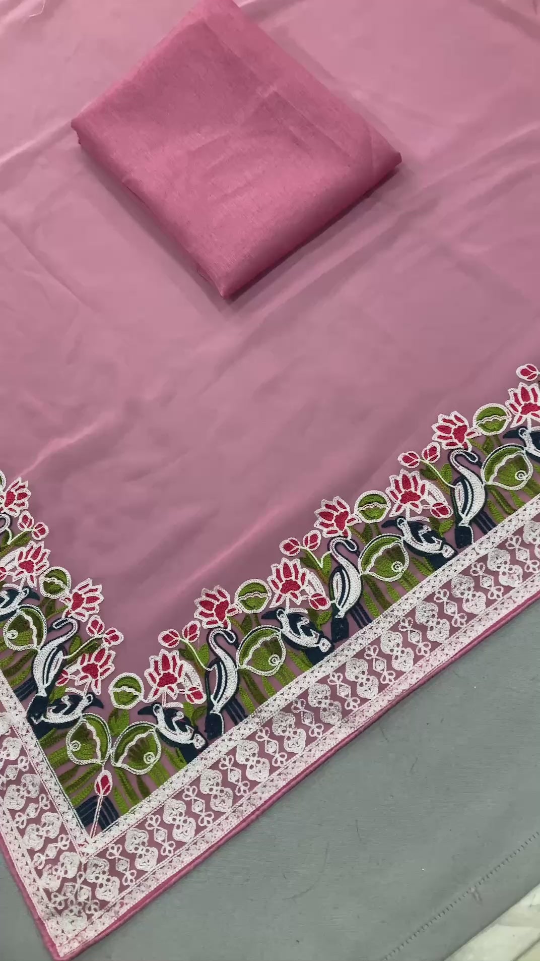Pink Georgette Saree with Ornate Multicolored Floral Threadwork Border