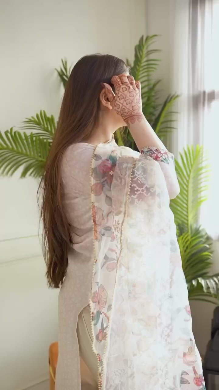 Elegant Beige Linen Floral Print Salwar Suit Set