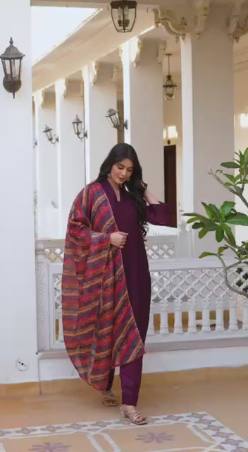 Wine Embroidered Cotton Suit Set with Vibrant Striped Dupatta