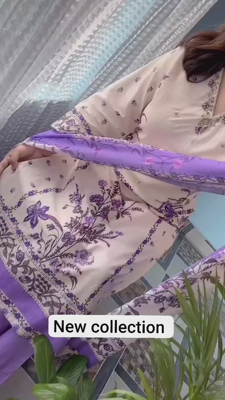 Premium Berry Silk Floral Printed Kurta Pant Dupatta Set with Handwork V-Neck & Pearl Bracelet