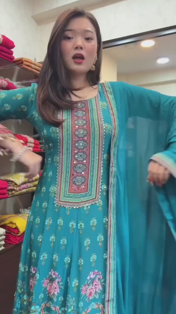 Graceful Blue Chinon Ethnic Suit Set with Elegant Detailing