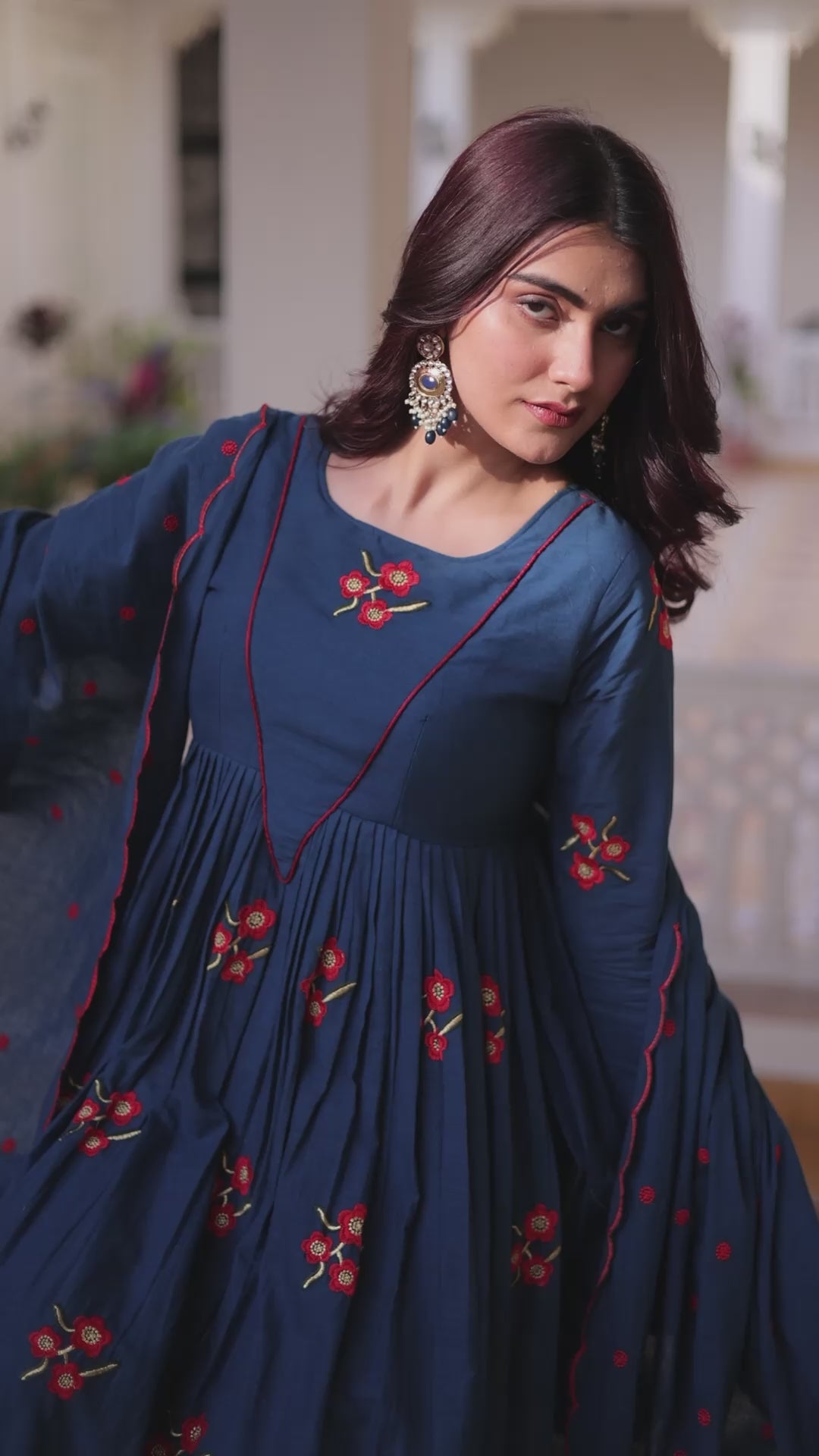 Teal Azure Floral Embroidered Anarkali Suit Set