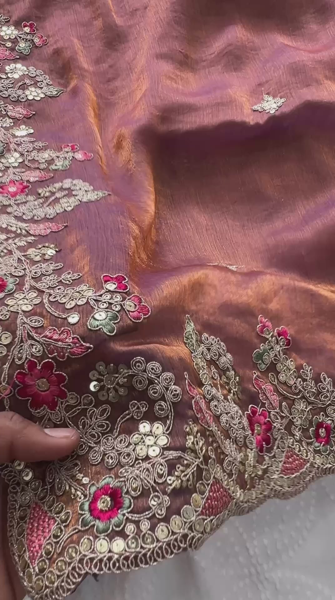 Mustard Gold Chiffon silk Saree with Scalloped Floral Embroidery and Magenta Contrast Blouse
