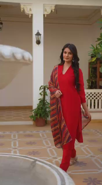 Cherry Red Chikankari Inspired Cotton Suit Set with Multi-Hue Leheriya Dupatta