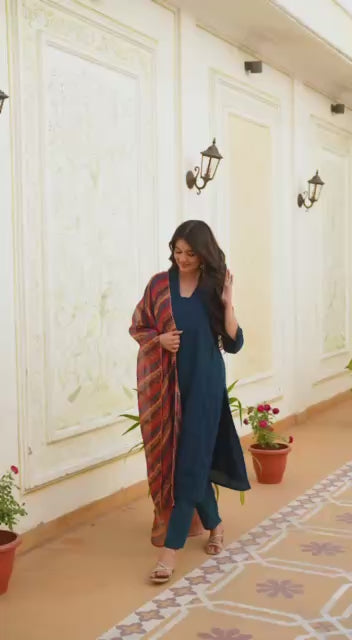 Teal Chikankari Inspired Cotton Suit Set with Multi-Hue Leheriya Dupatta