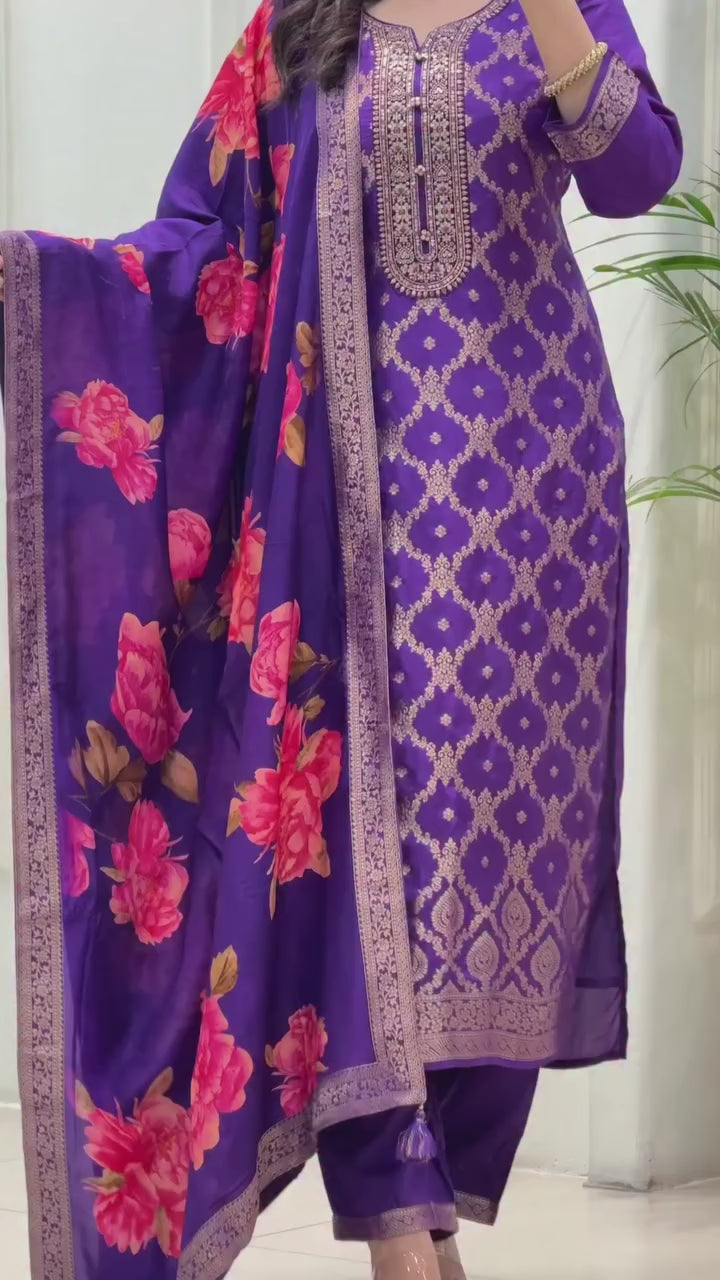 Elegant Purple Banarasi Silk 3-Piece Salwar Suit with Floral Organza Dupatta