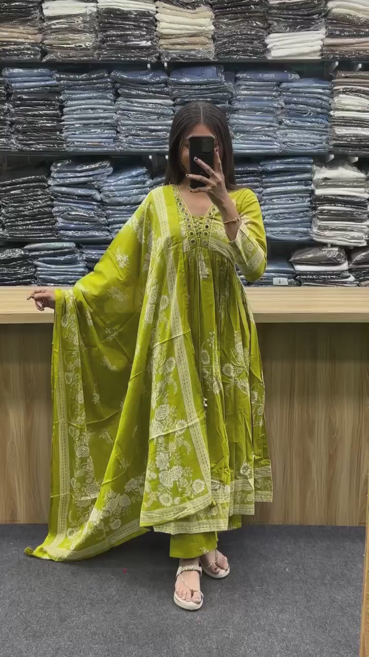 Citrus Bloom Mirror-Work Cotton Anarkali Set
