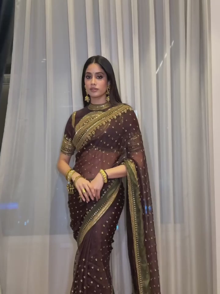 Deep Wine Tibby Silk Saree with Intricate Thread & Sequence Work