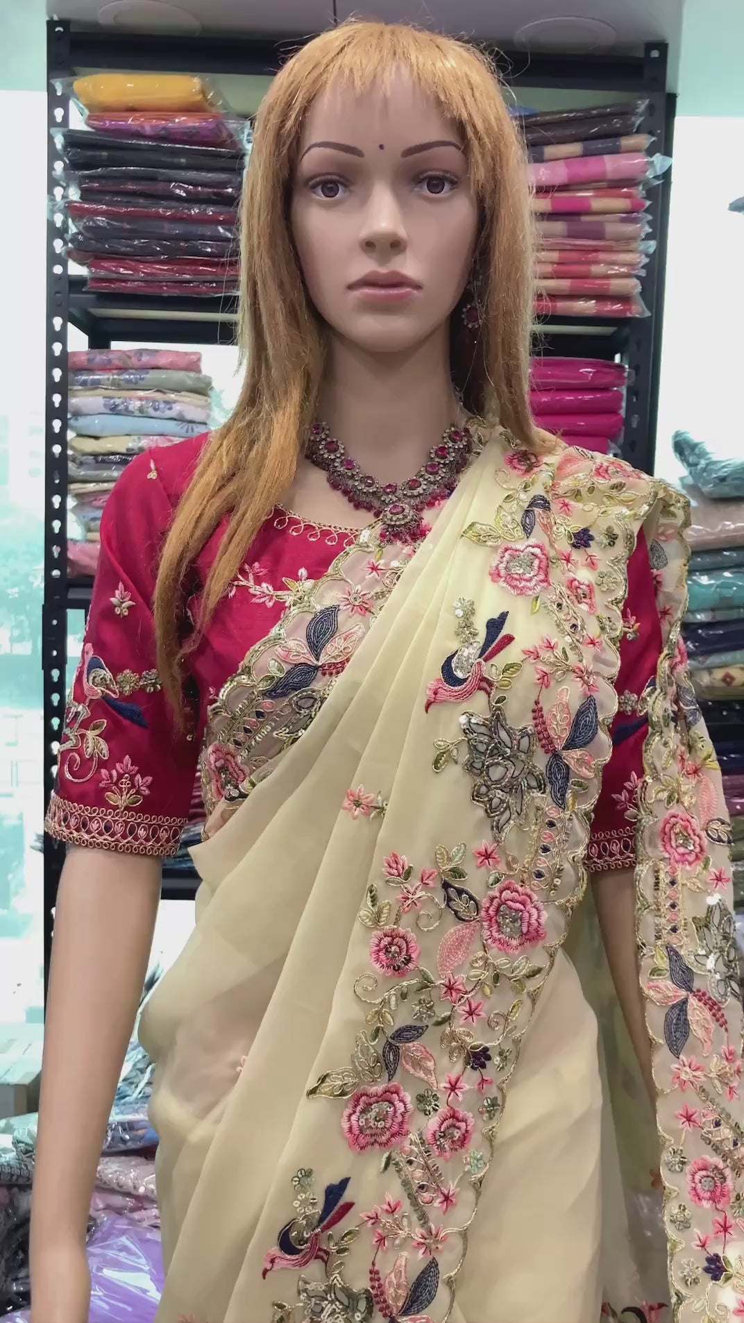 Cream Georgette Saree with Heavy Embroidery Work & Mono Banglory Silk Embroidered Blouse