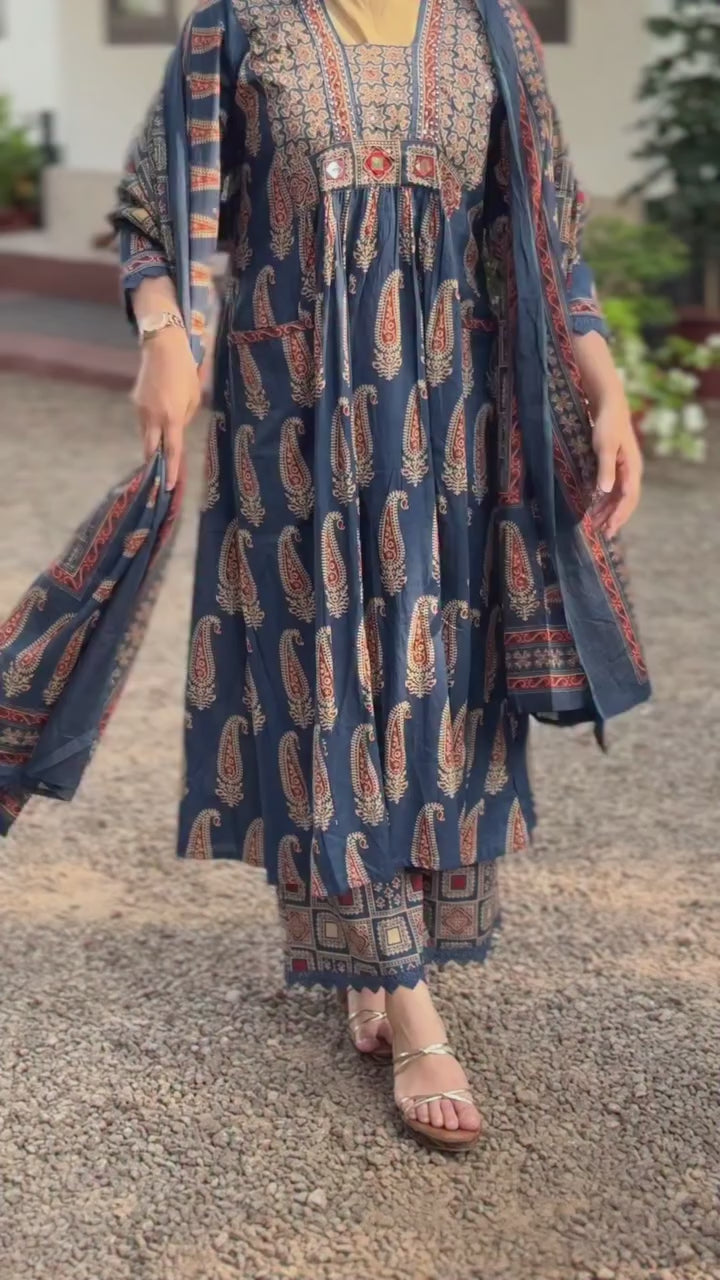 Traditional Indigo Jaipuri Cotton Anarkali Kurta Set with Dupatta
