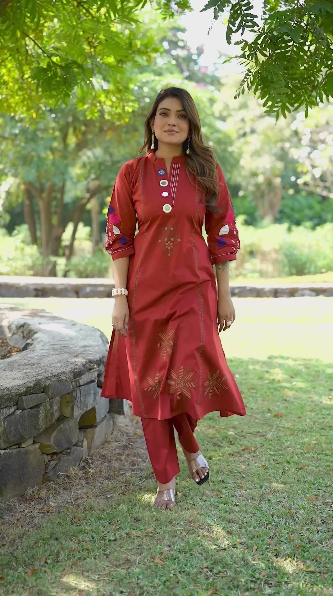 Maroon Embroidered Cotton Fusion Kurta Set with Mirror Work