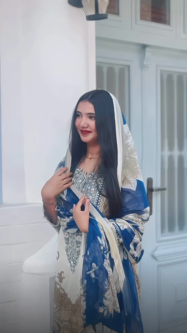 Vintage Azure & Gold Digital Printed Berry Silk Kurta Set