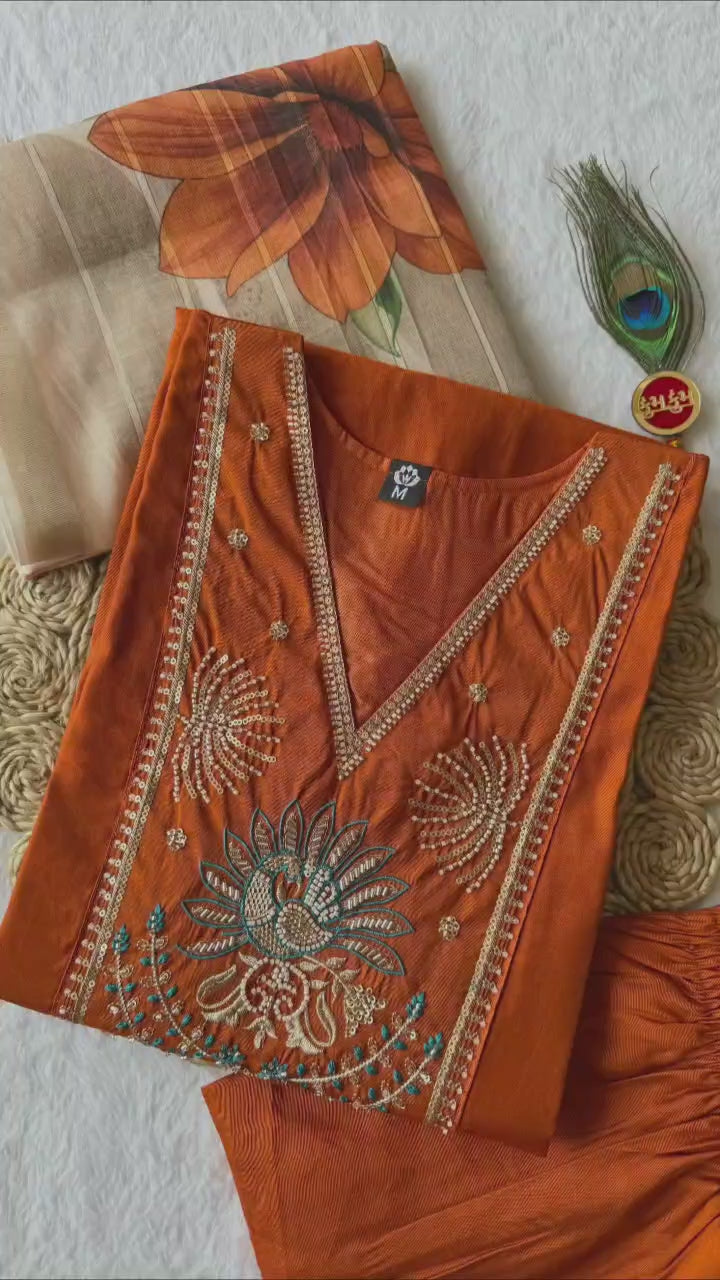 Rust Terracotta Embroidered Kurta Set with Floral Organza Dupatta