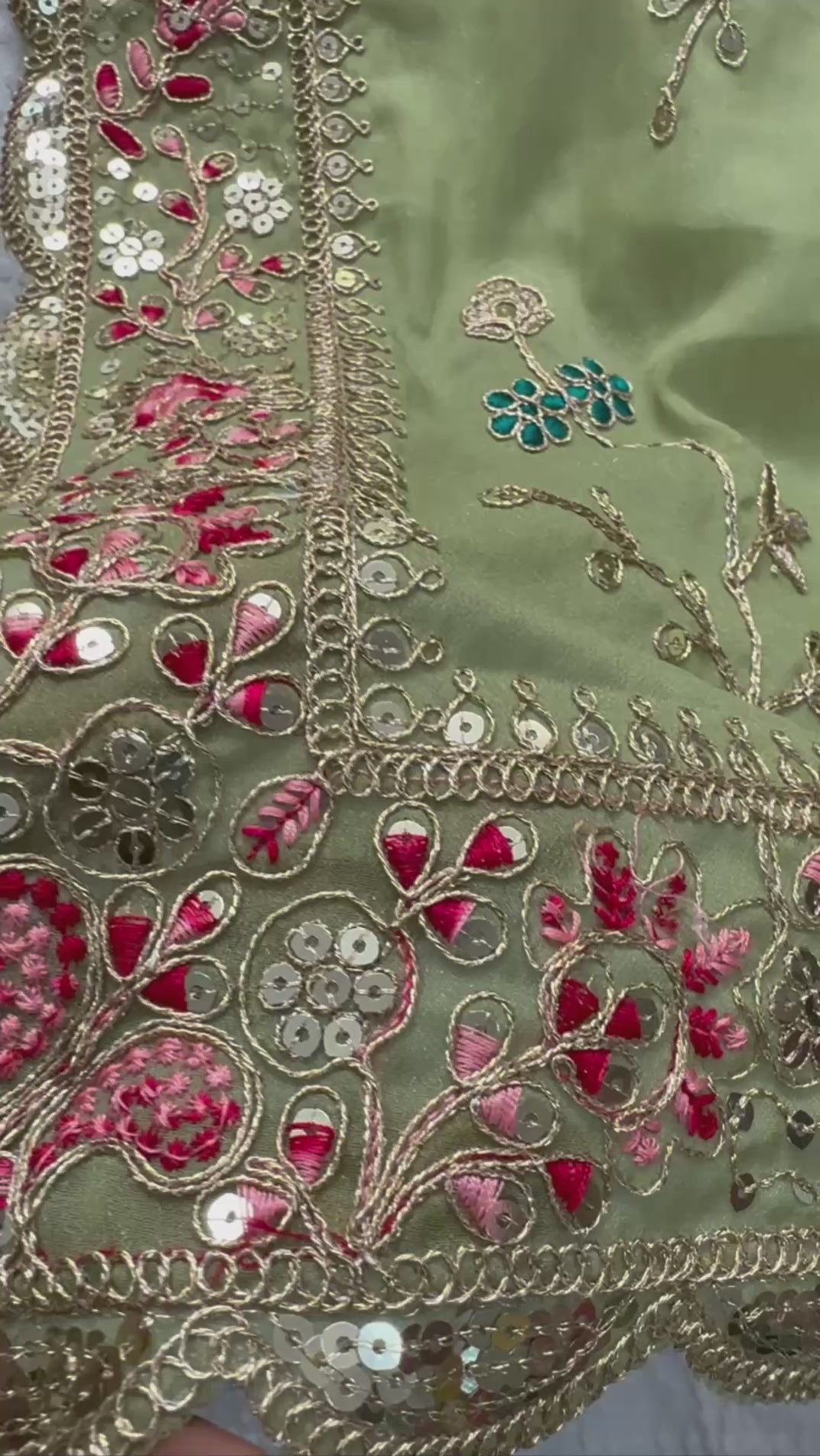 Women’s Olive Green Embroidered Soft Georgette Party Wear Saree with Cutwork Border