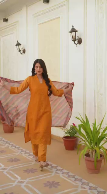 Mustard Chikankari Inspired Cotton Suit Set with Multi-Hue Leheriya Dupatta