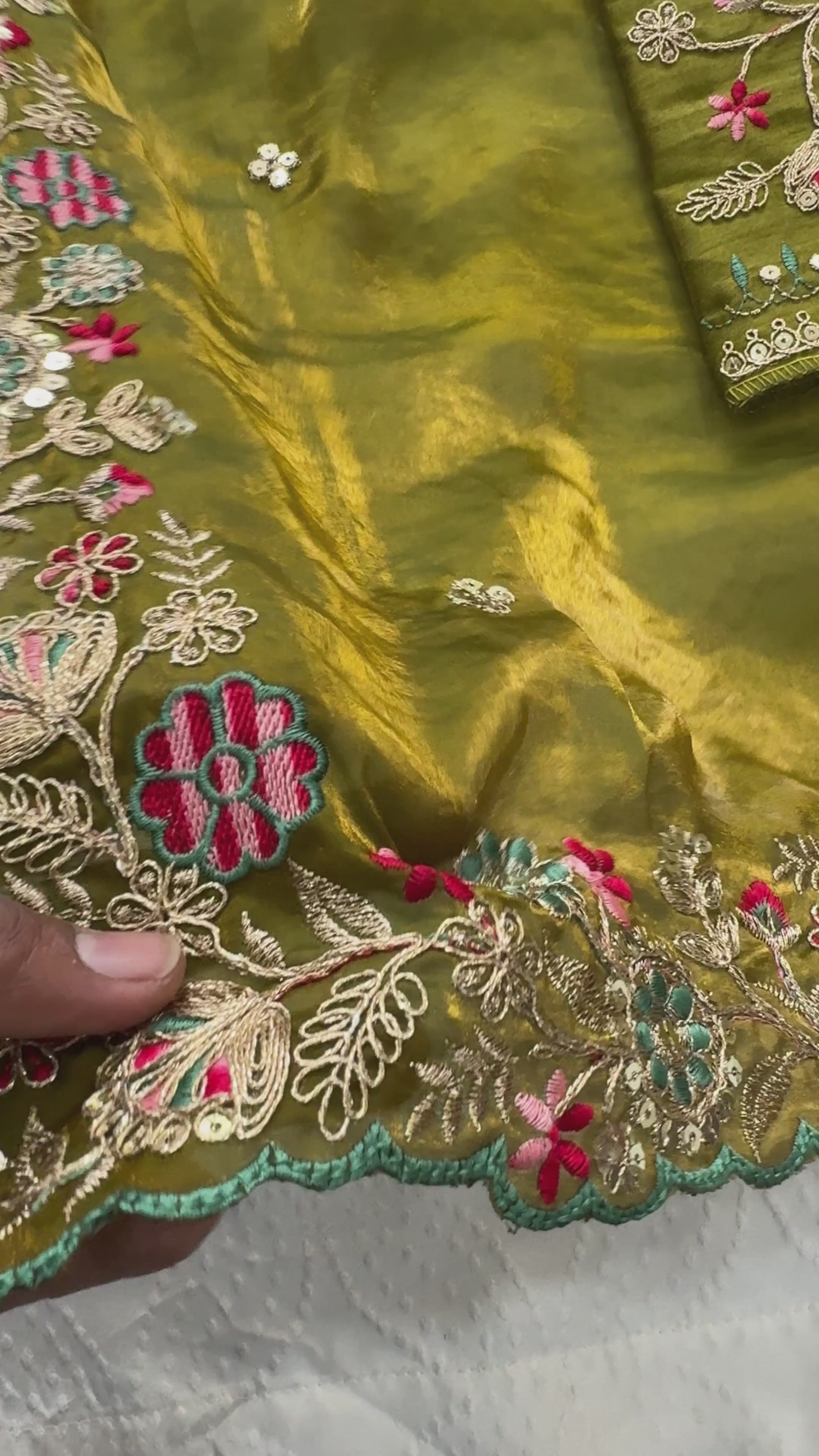 Olive Green Embroidered Fendy Satin Silk Saree with Cutwork Border & Embroidered Blouse