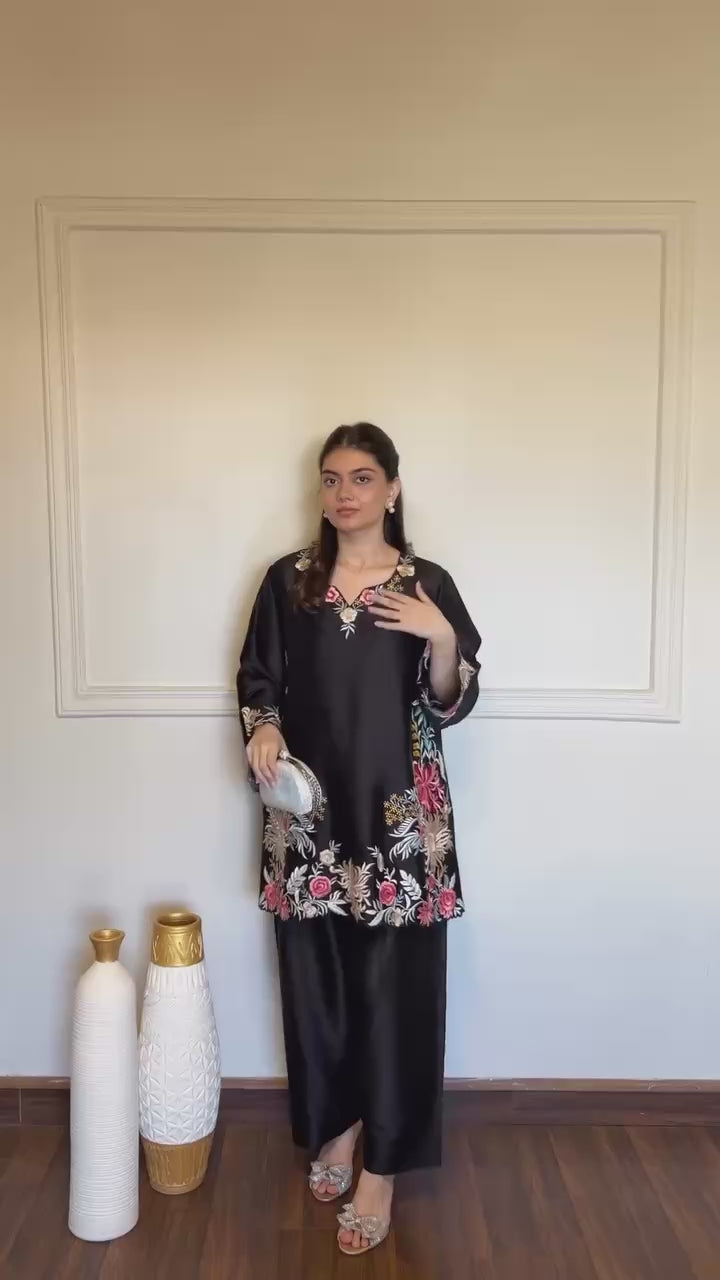 Midnight Black Rayon Satin Embroidered Kurta Set with Palazzos