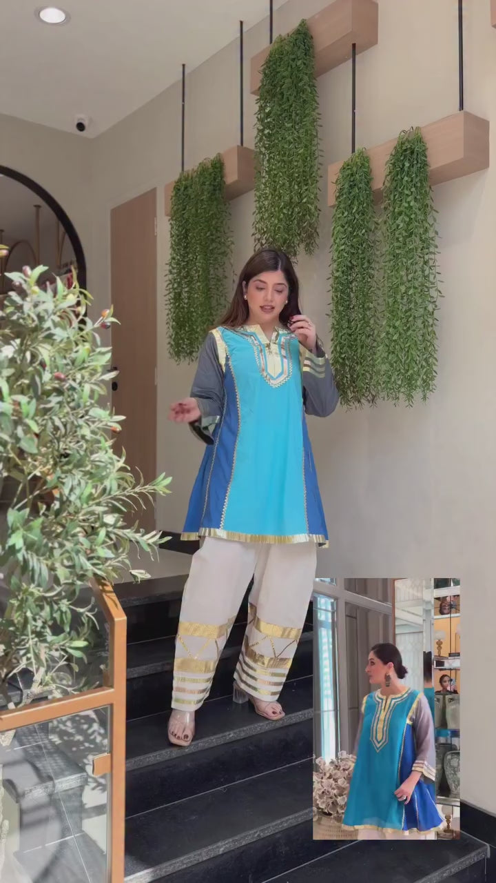 Azure & Slate Jaipuri Cotton Short Kurta Set with Gota Patti Detailing