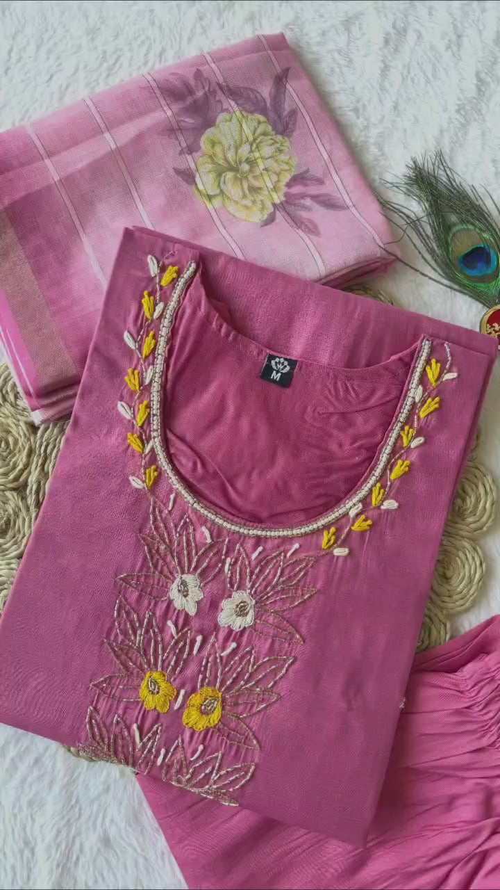 Blossom Muse Candy Pink Embroidered Kurta Set with Tissue Dupatta