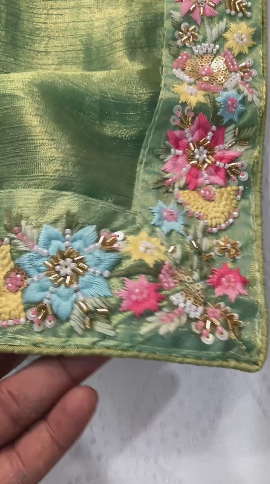 Green Silk Tissue Saree with Multi-Colored Floral Embroidery