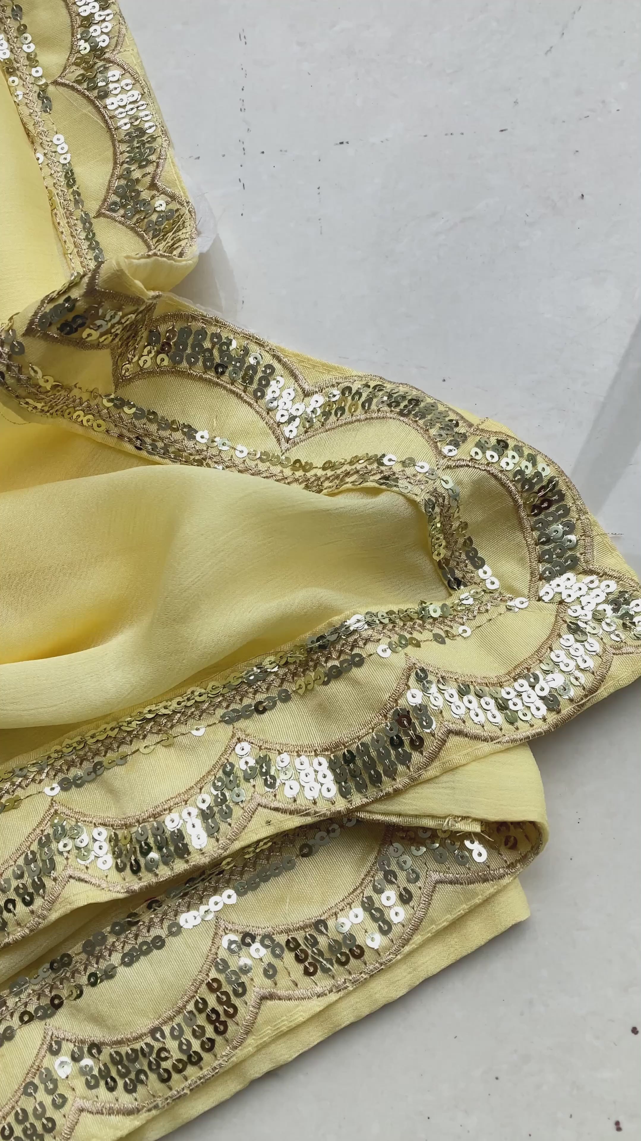 Elegant Lemon Yellow Designer Moss Chiffon Saree with Sequins Embroidery Lace Border & Banglory Silk Blouse
