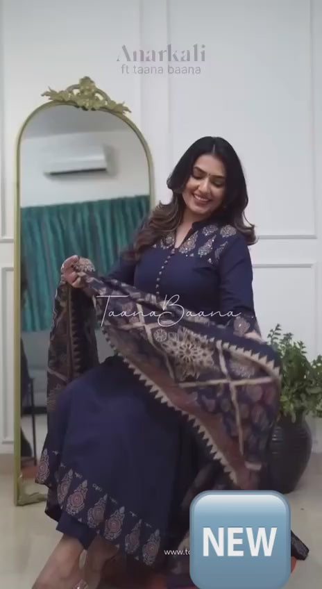 Midnight Navy Ajrakh-Print Jaipuri Cotton Anarkali Set